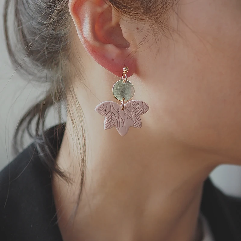 Multi Shapes Pale Colors Sandy Effect Leaves Pattern Special Metal Polymer Clay Vintage Elegant Earrings Jewelry Stud Sets Party