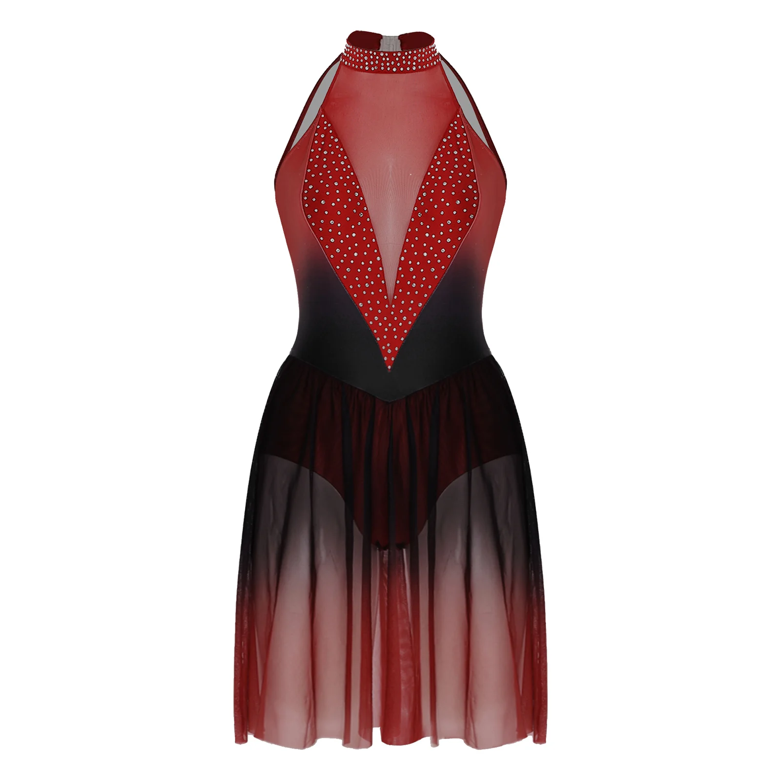 ชุดเดรสเต้นรำลีลาสำหรับผู้หญิง สายคล้องคอเว้าหลัง ประดับคริสตัลระยิบระยับไล่สี ผ้าตาข่ายโปร่งแสง แต่งผ้าปะติดปะต่อ สำหรับการแข่งขันบัลเลต์