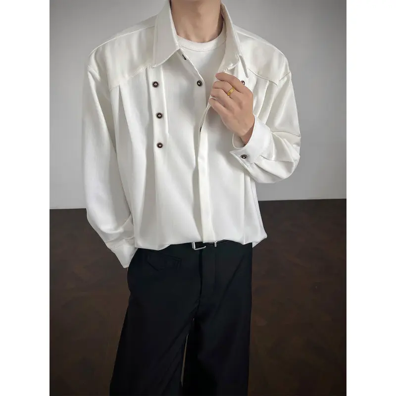 

Retro Korean Loose Button down Collar irt Men's Simple High End Feel Spring Outerwear Jaet Cotton Polyester Blend Long Sl...