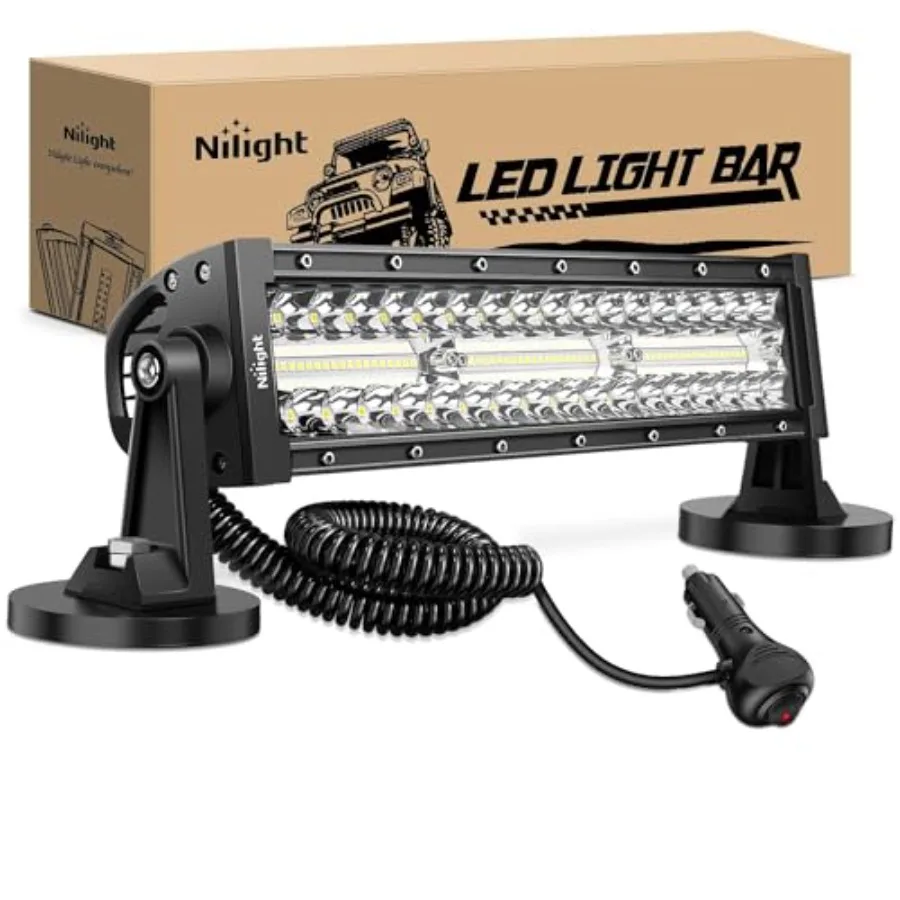 LED Light Bar 13.5 Inch Triple Row Cigarette Lighter Wiring Strong Magnetic Base Spot Flood Combo 96LEDs Fog Driving Work Roof