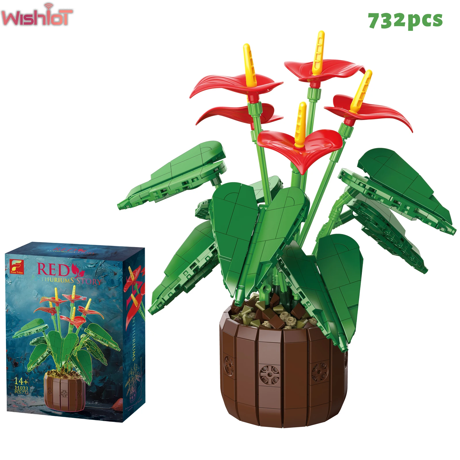 

732 шт., красные антуриумы, строительные блоки, растения в горшках, букет цветов, модель, красивый домашний декор, сборка, игрушка для девочек, праздничный подарок