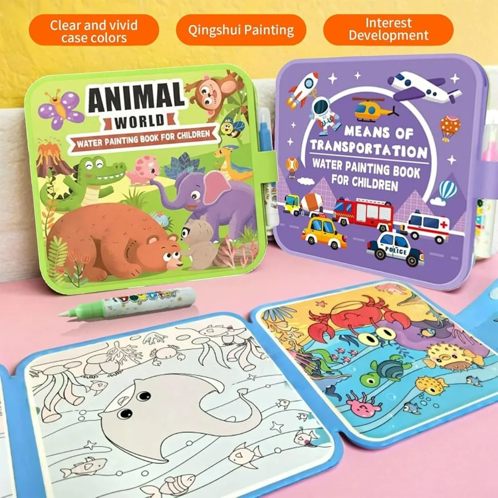 Magic Water Coloring Book Set with Pen, DIY Doodle Water Painting Books for Kids 3+, Reusable Drawing Book Kids Educational Toys