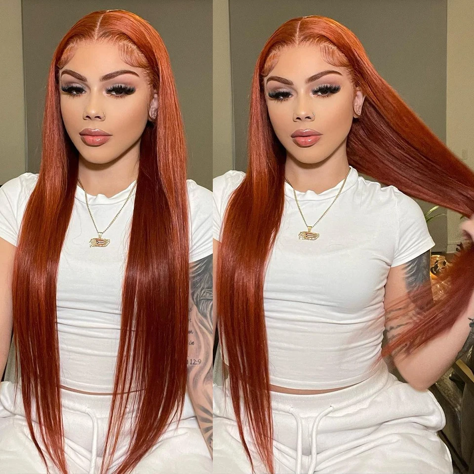Ginger Orange Straight Lace Front Human Hair Wigs Transparent 13×4 13×6 Lace Frontal Wig Pre Plucked Colored Lace Wig Remy