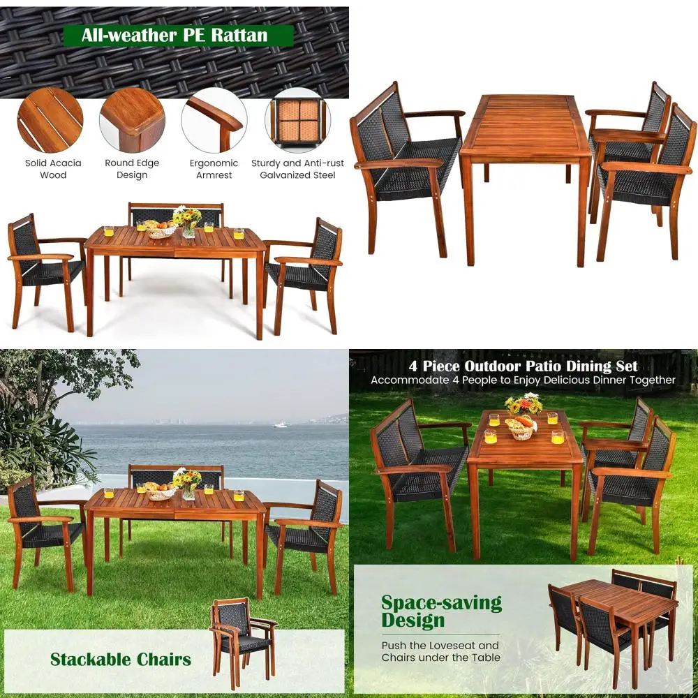 

Комплект садовой мебели из ротанга из 4 предметов: диван-софа, стулья и стол из акации с отверстием для зонта, для сада или террасы