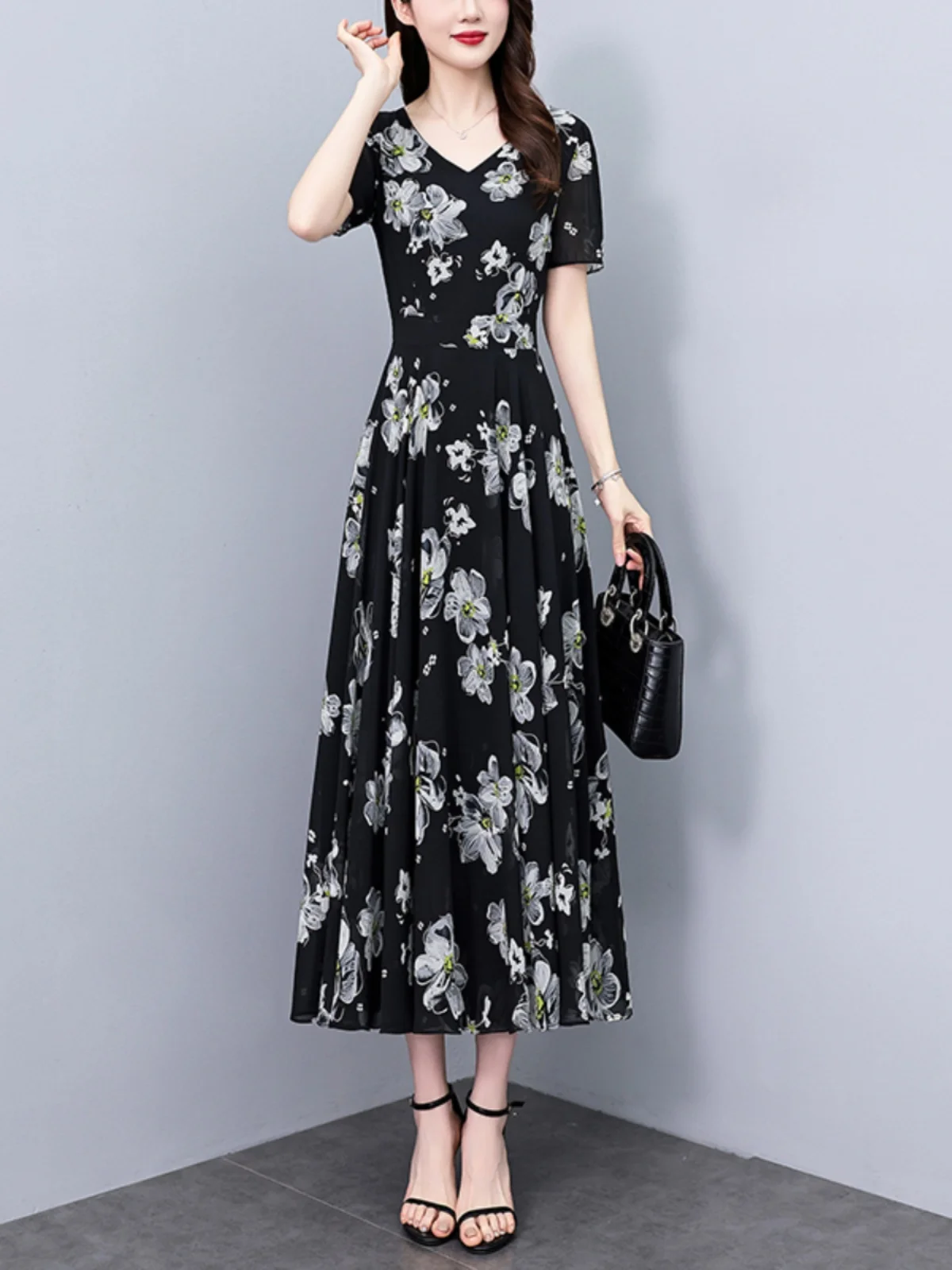 

2024 Summer New Chiffon Floral Dress 2024 Waist Thin Belly Long Dress Commuting High Waist Women Long Dress