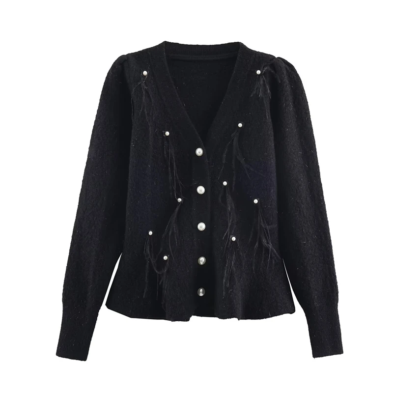 With pearl embellishments and tassel details, puff sleeves, V-neck, button-up style Women's 5 colour knitted cardigan