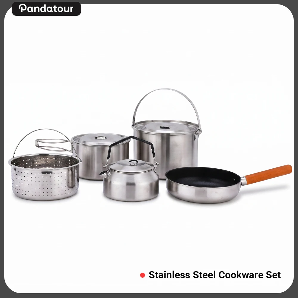 Pandatour Outdoor Camping 5Piece Stainless Steel Cookware Set Foldable Portable With Soup Pot Strainer Basket Kettle Frying Pan