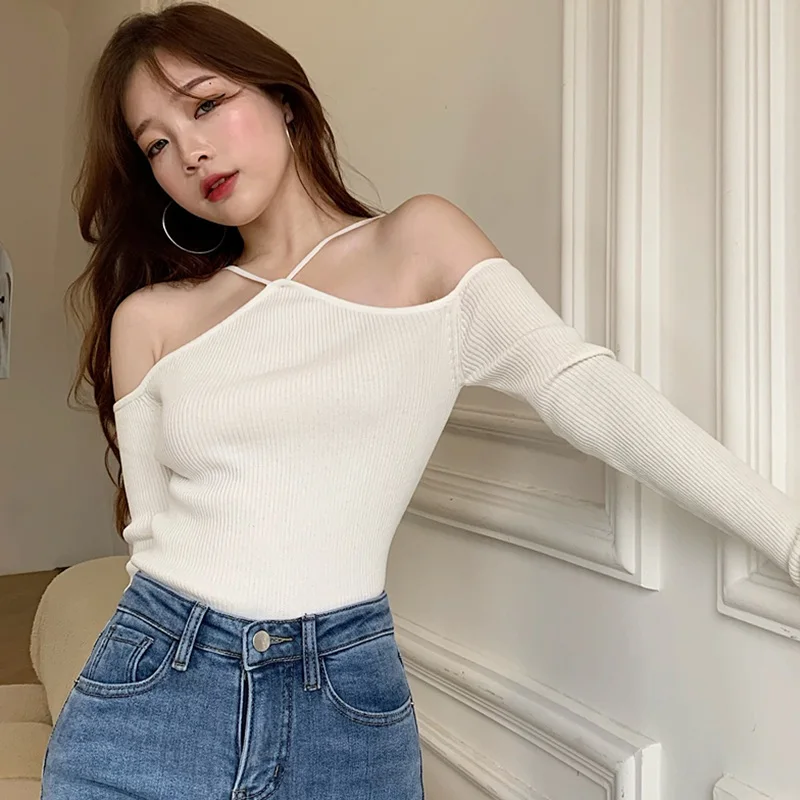 Women\'s Tops Korean Style Solid Color Off Shoulder Halter Slim Sexy Knitted Long Sleeves Tops