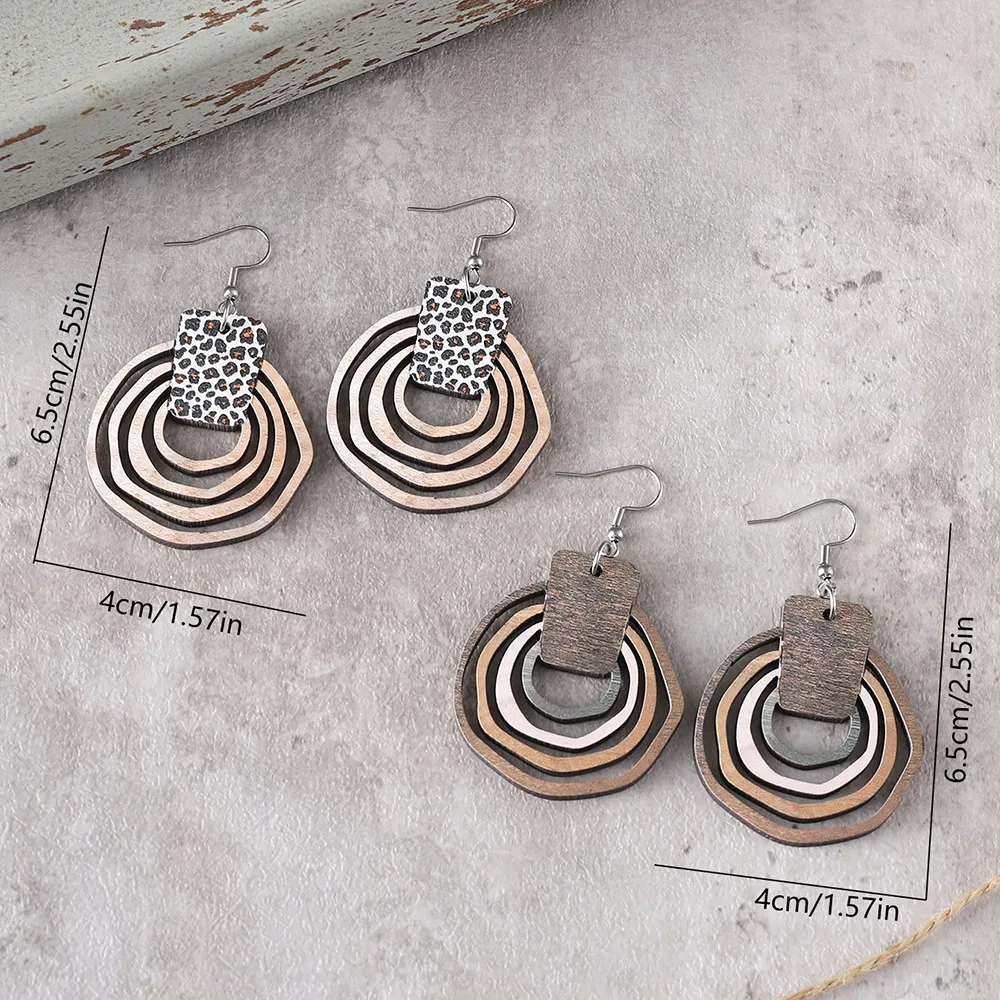 New Bohemian Ring Three Dimensional Leopard Pattern Gradient Hollow Pendant Earrings Wooden Double sided Earrings Gift
