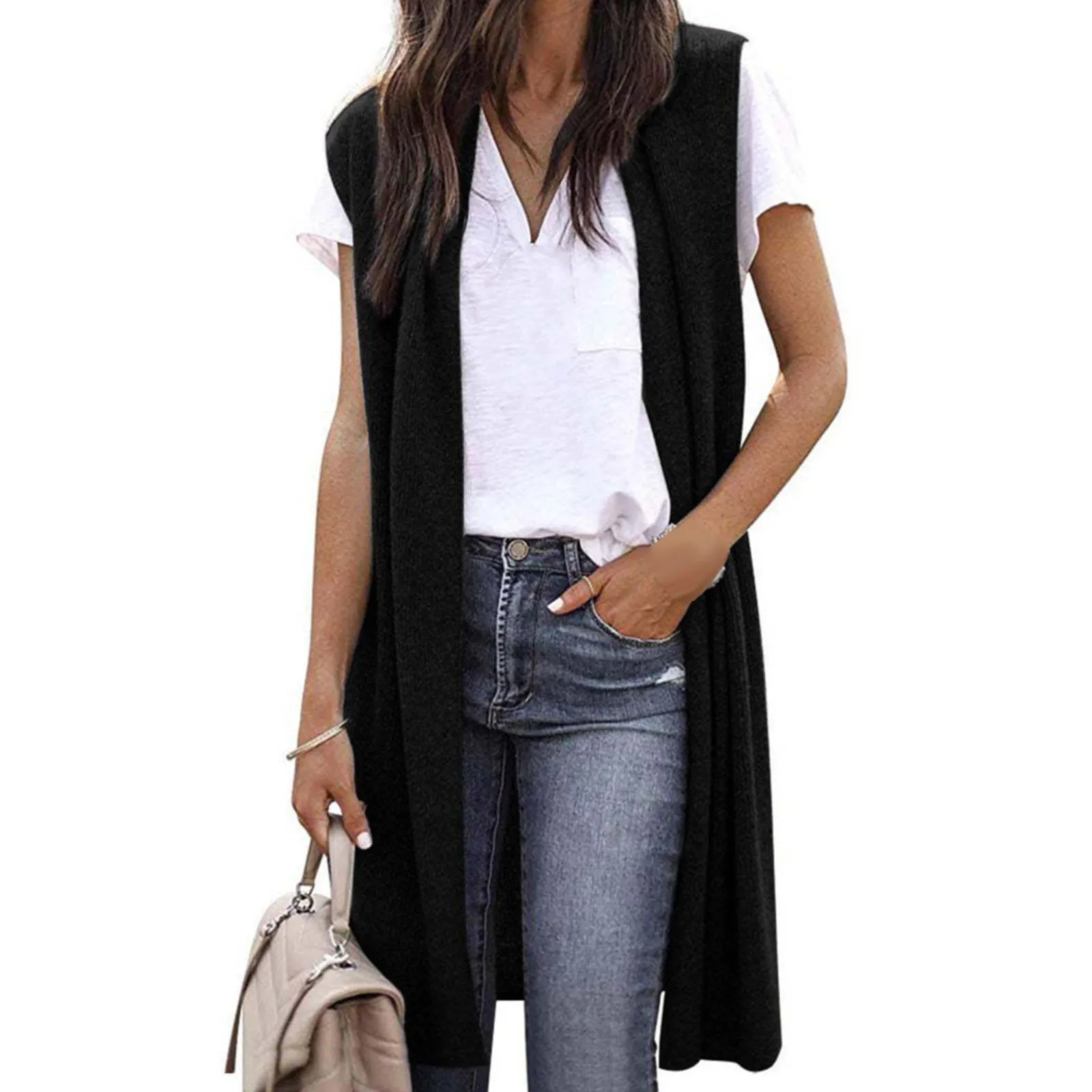 Women\'s Sleeveless Open Front Pocket Causal Lightweight Kimono Cardigan Coat