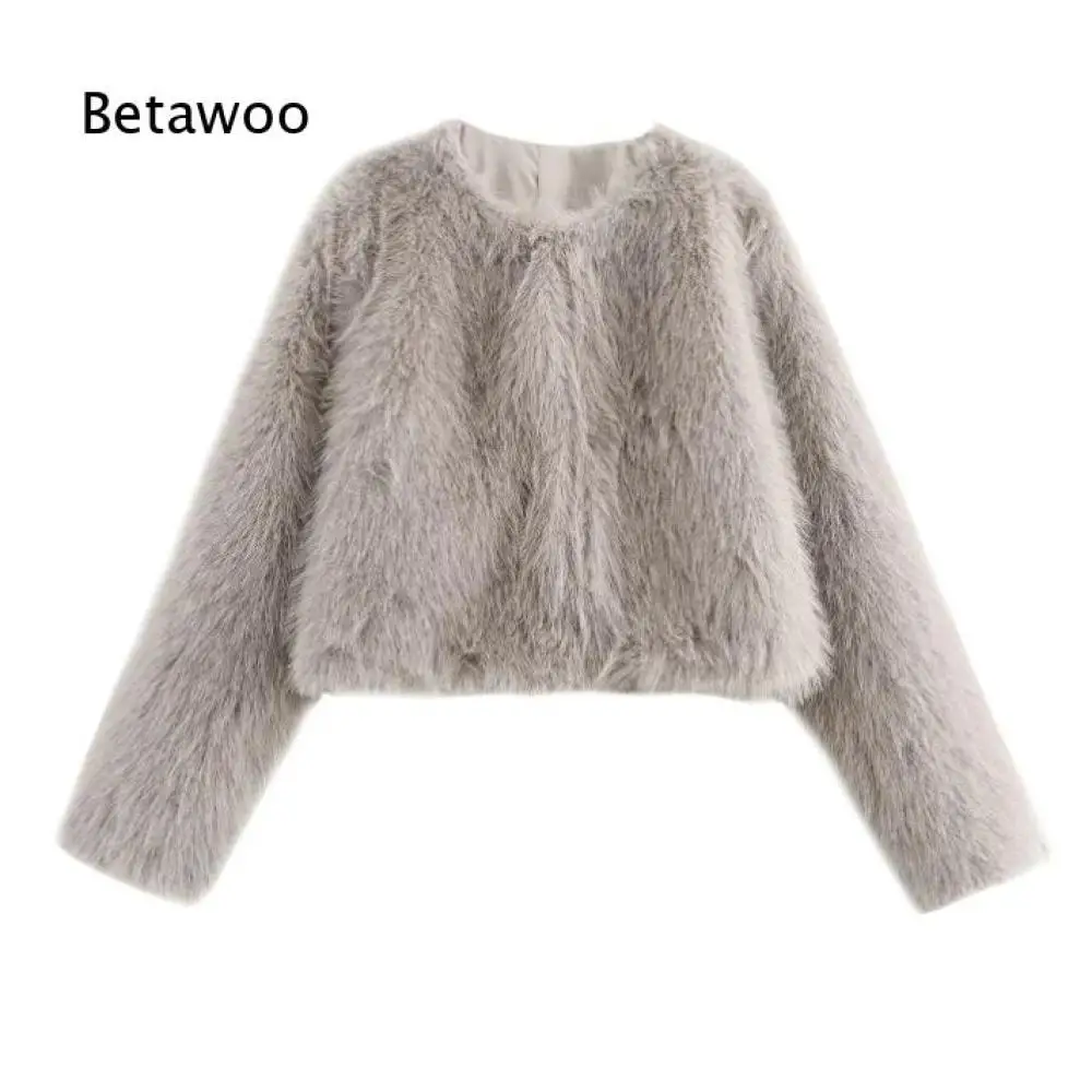 Round Neck Long Sleeve Faux Fur Cropped Jacket For Women Solid Color Loose Warm Short Outerwear For Multiple Matching Style