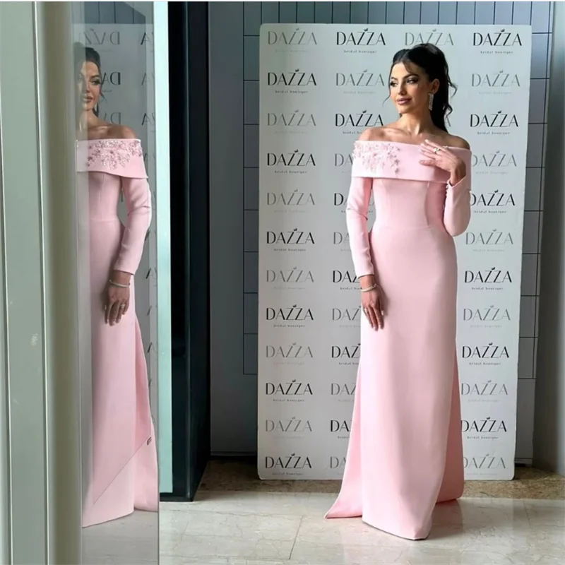   فساتين سهرة مخصصة مزينة باللؤلؤ الوردي de soirée بكتف واحد وأكمام طويلة بطول الأرض فستان زفاف 2026