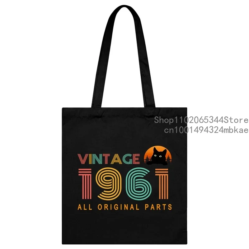 Canvas Tote Bag Vintage Birthday Year 1960-1969 Print Shopping Bag Women Men Casual Fashion Years Black Cat Side Bag for Ladies