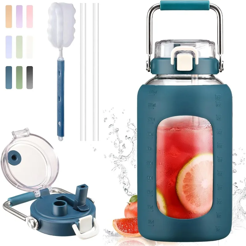 

84oz Water Bottle Glass with Stainless Steel Handle Large Water Bottle with Time Markers and Silicone Sleeve Half Gallon Water