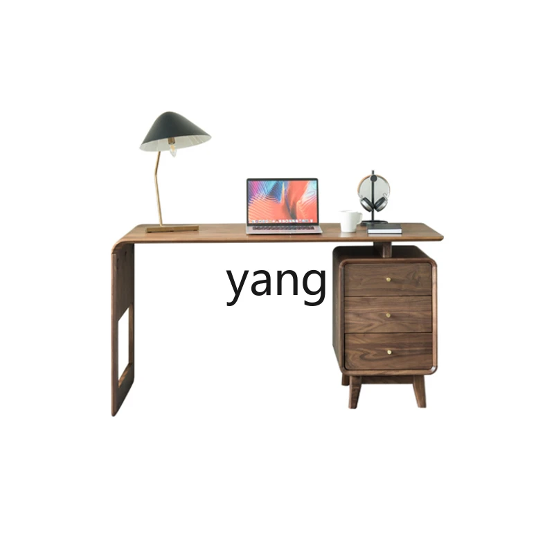 Yjq Solid Wood Desk Simple Modern Combination Study Drawer Desk Black Walnut Office Computer Desk