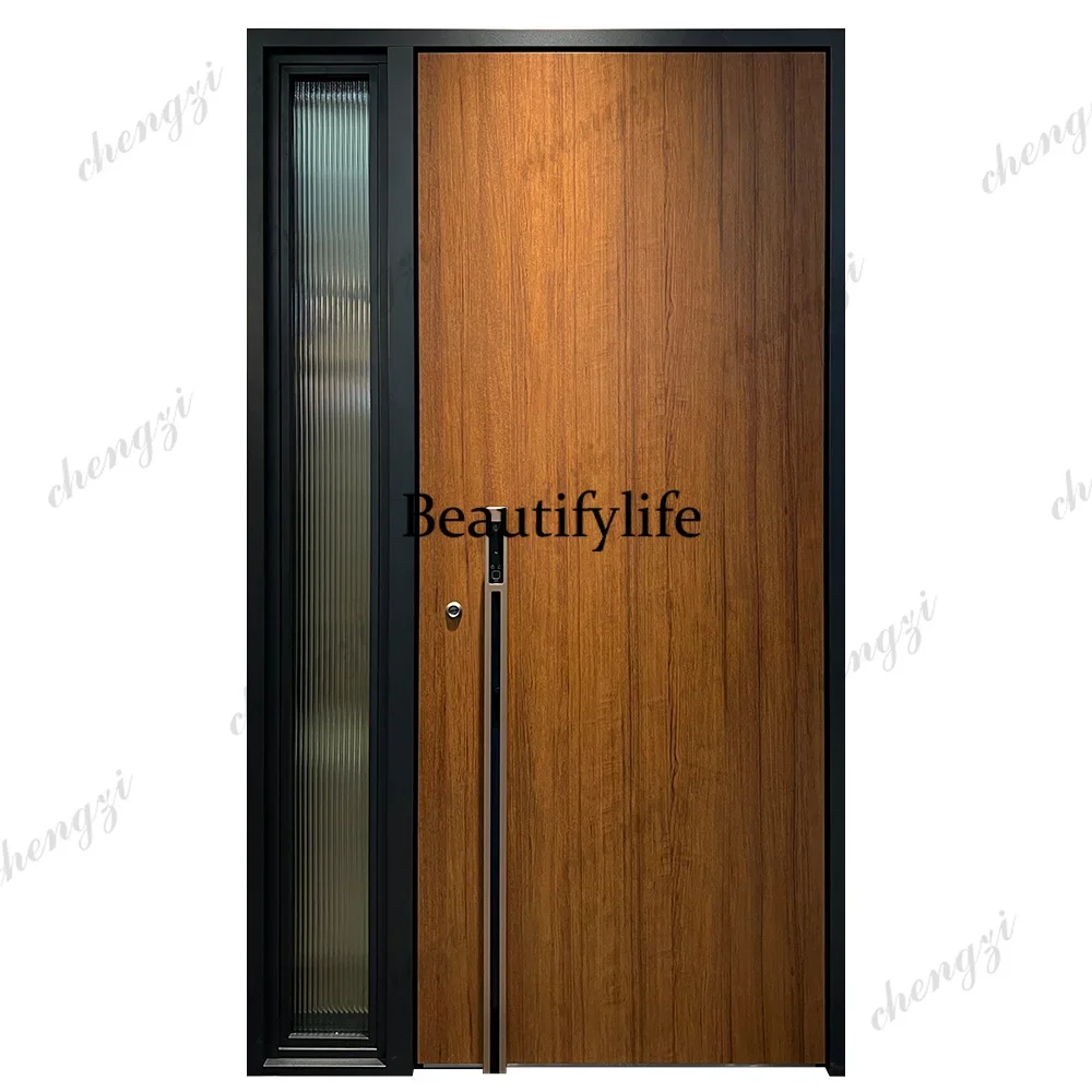 Y136  Customization Swing Entry Front Exterior Security Stainless Steel Door Wooden Grain Glass With Aluminum For Houses