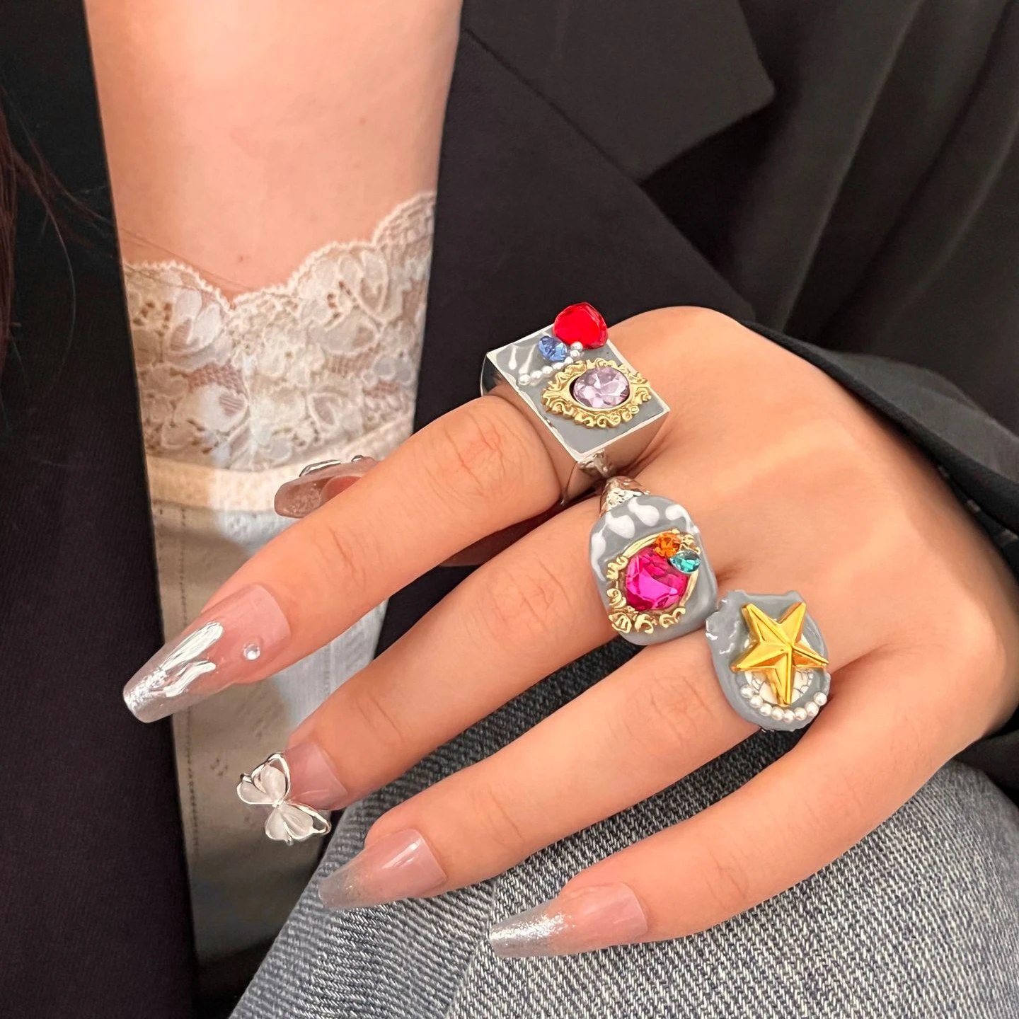 Vintage Trendy Colorful Rhinestone Star Ring for Women Charm Exaggerated Luxury Aesthetic Accessories Punk Fashion Jewelry New