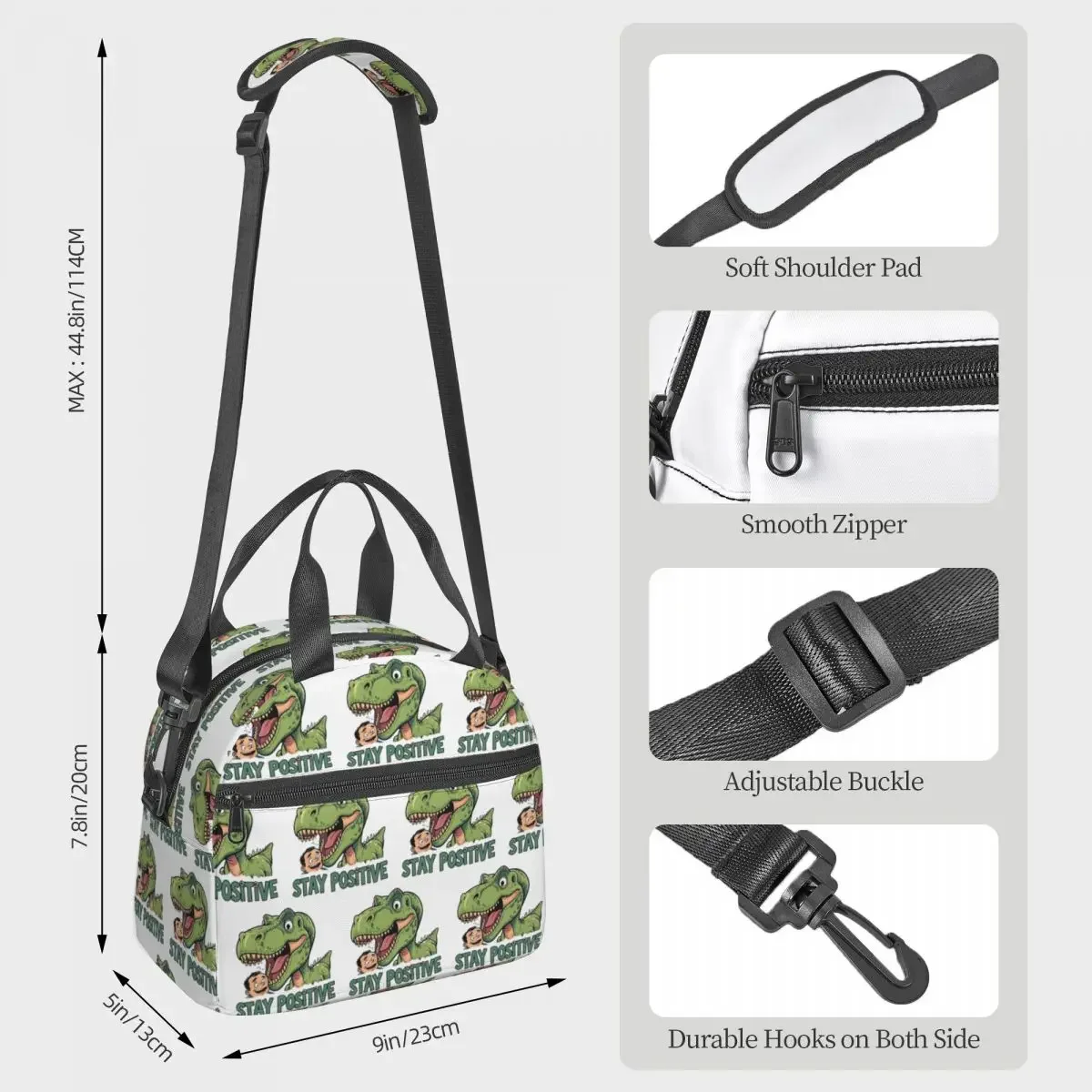 Stay Positive Funny T-Rex Dinosaur Sticker Insulated Lunch Bag for Women Kids Leakproof Food Boxes Thermal Lunch Box Tote