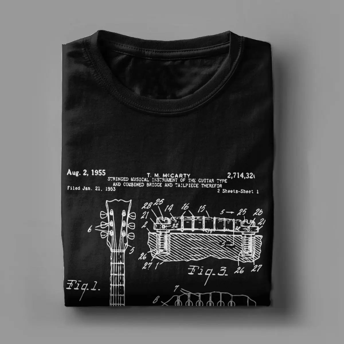 Patent Acoustic Electric Guitar Music T-Shirt Men Casual Pure Cotton Tees Crew Neck Short Sleeve T Shirt Graphic Printed Tops