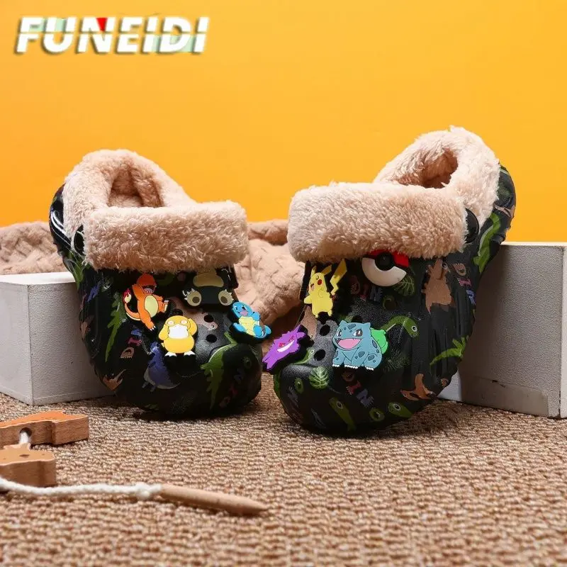 Warm Lined Clogs Sandals with Cute 3D Pokemon Shoe Charms Pikachu Bulbasaur Fuzzy Inner Non Slip Indoor Outdoor Slipper for Boys