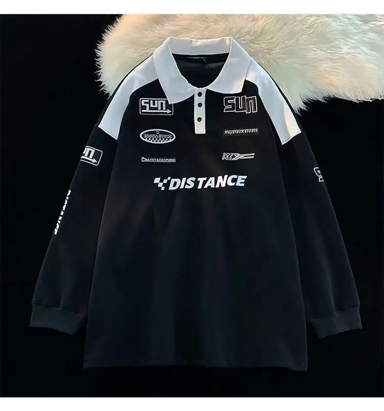 American retro national fashion brand, black and white spliced lapel sweatshir niche high street racing suit jacket y2k ins emo