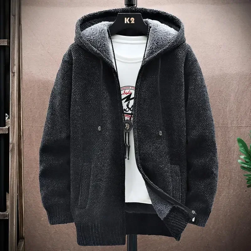 Men Cardigan Solid Hooded Sweater Autumn Winter Fleece Warm Fashion Knitted Sweatercoat Male Sweaters with Hoods Men Clothing