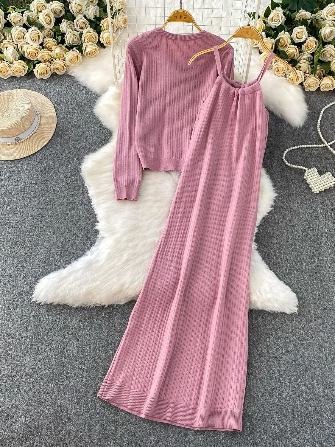 

Korean Sle Soft Pink Long Sve Knitted Jaet Slimming Belted Dr Two Piece Set for Autumn Season Casual Wear