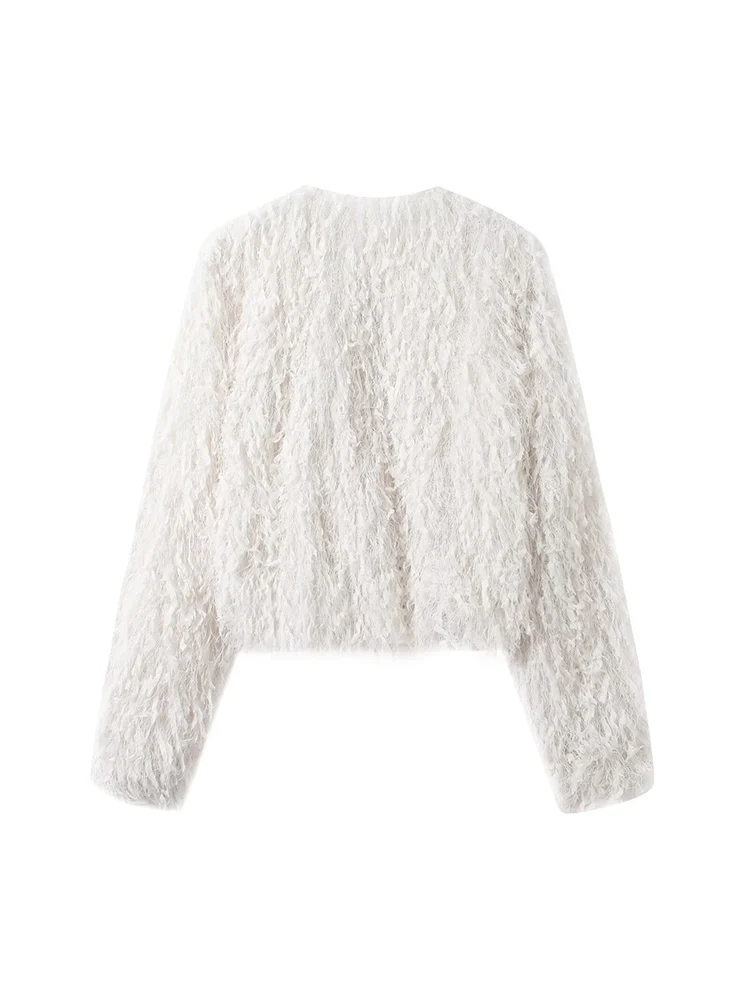 معطف نسائي جديد على الطراز الأوروبي أنيق ومتعدد الاستخدامات بأكمام طويلة مع زخارف من الريش وخيط معدني. #2