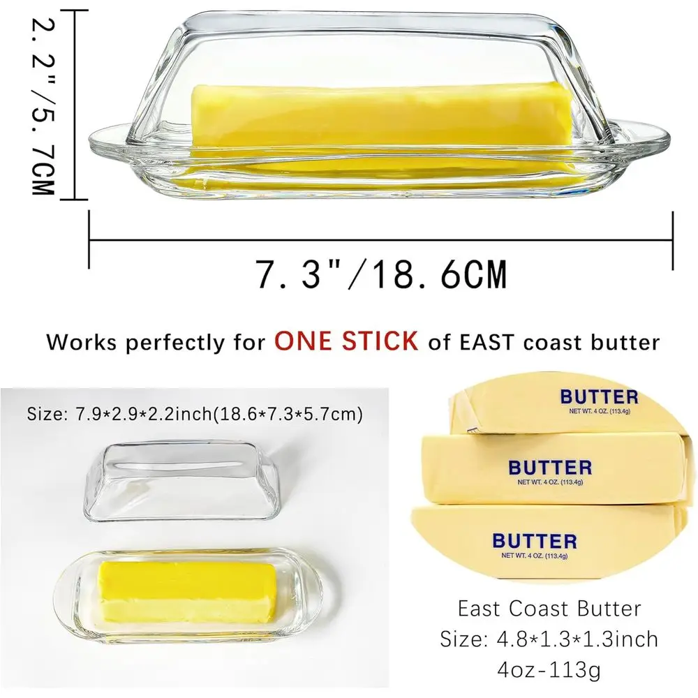 7-Inch Crystal Clear Glass Butter Dish with Lid, Elegant Butter Keeper, Dishwasher Safe, Suitable for 1 Stick East