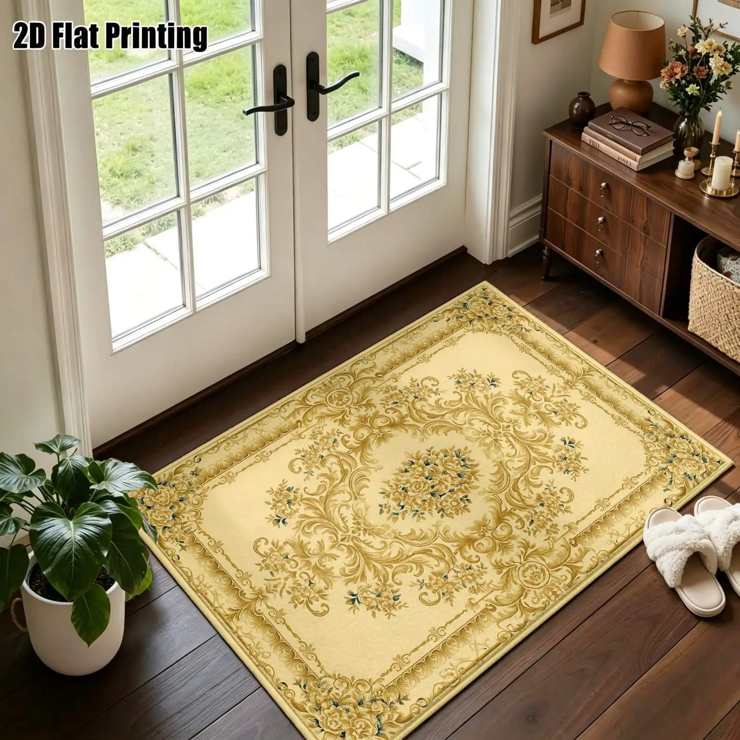 1Pc 2D Printed Beige Retro Floral Carpet European-Style Retro Rug for Living Room, Bedroom, Dining Room, Entrance, Study. Home Decor, Multi-Size, Machine Washable.