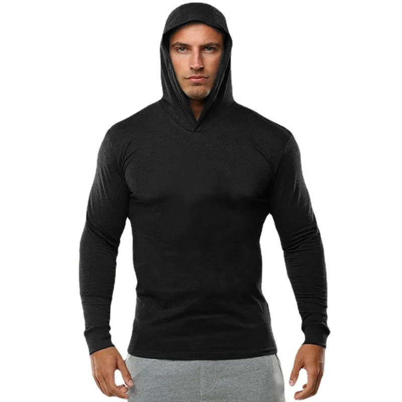 Autumn Spring Hooded Gym Clothing Mens Cotton Fitness Slim Fit Long Sleeve T Shirt Men Solid Bodybuilding Sports Tee Shirts