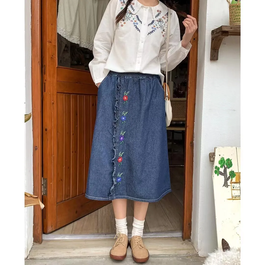 Vintage Embroidery Jeans Skirts Women Summer Harajuku Preppy Loose Long Denim Skirt Korean Fashion Ruffled Female Falda Largas