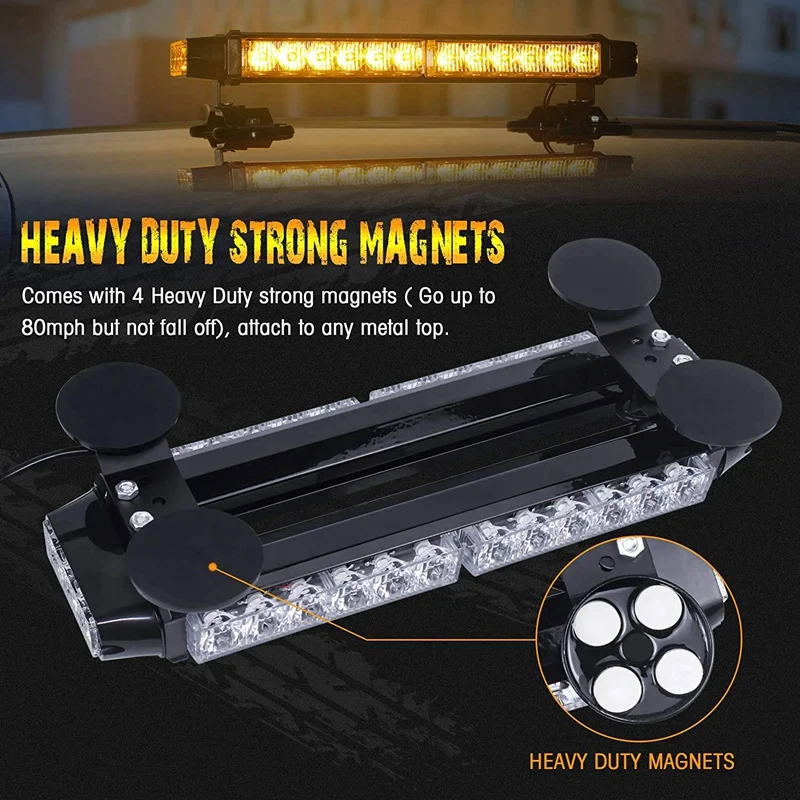 15 Inch Amber 30 LED Roof Strobe Flashing Light Bar Magnetic Emergency Beacon Warning Flash 30W 12V