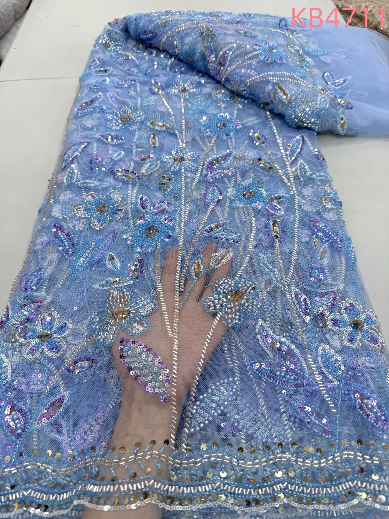 

5 Yards Dubai Lace Fabrics Quality 2024 Sky Blue African Nigerian Beaded Lace Fabric Sequin Dresses For Wedding Sewing KB4711