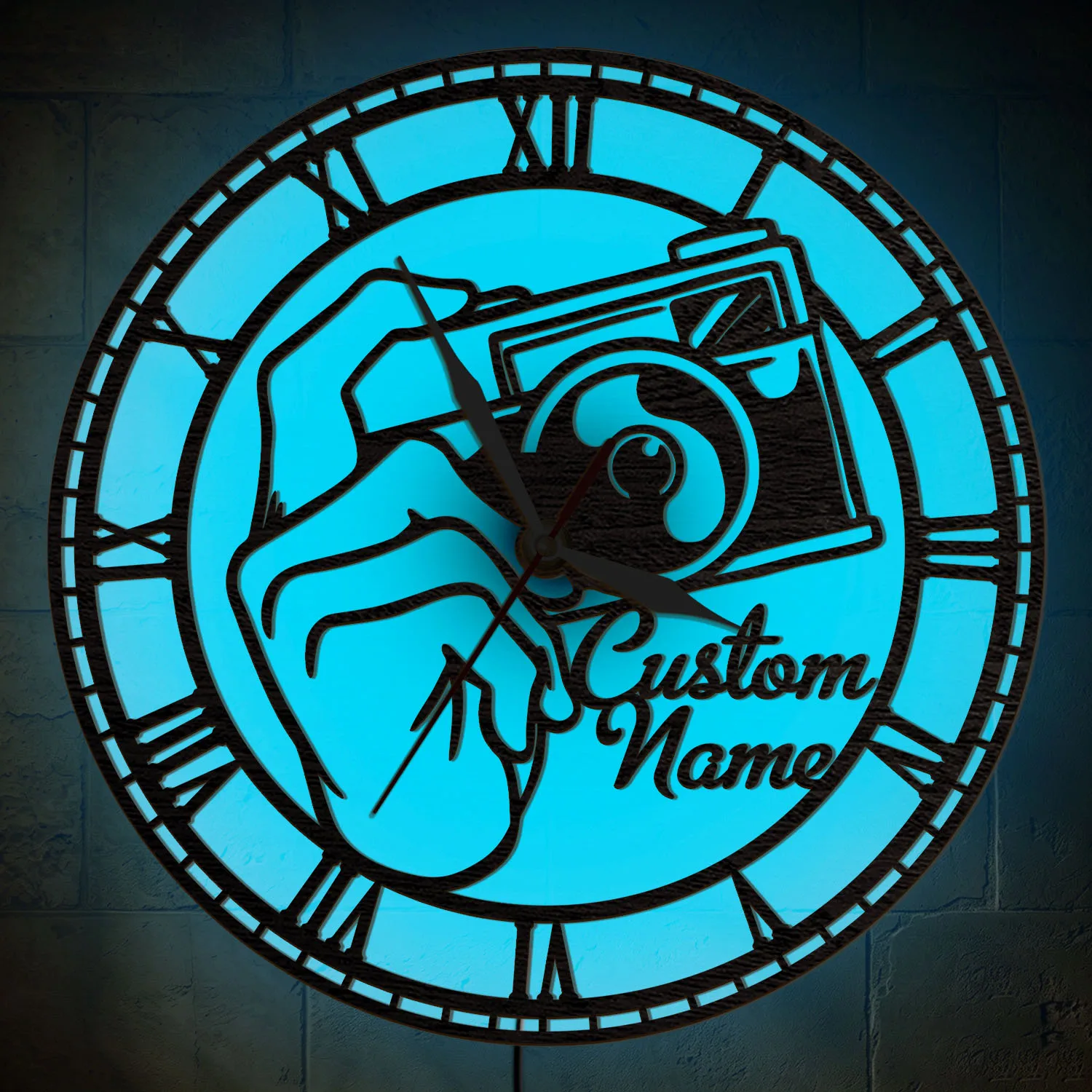 Personalized Photographer LED Night Light Wooden Wall Clock Photo Studio Photography Booth Cameraman Illuminated Sign Wall Clock