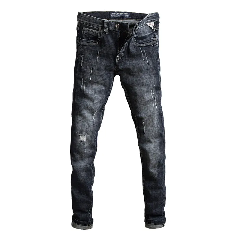 Fashion Designer Men Jeans Retro Black Blue Stretch Slim Fit Frayed Ripped Jeans Men Italian Style Vintage Denim Pants Hombre