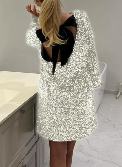 

Autumn 2025 Elegant Sequin Long Sleeved Dress for Women, Fashionable and Personalized Backless Lace Up Sequin Contrasting Dress
