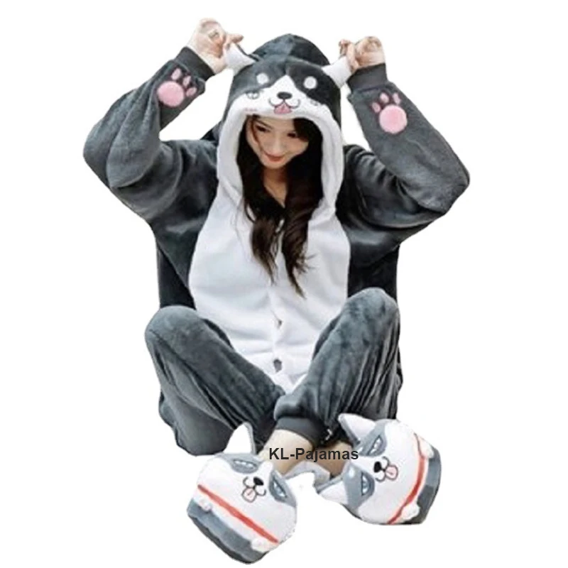 Unisex Animal Husky Costume Dog Onesie Pajamas Anime Hooded Halloween Cosplay Suit Christmas Warm Soft Plush One Piece Sleepwear