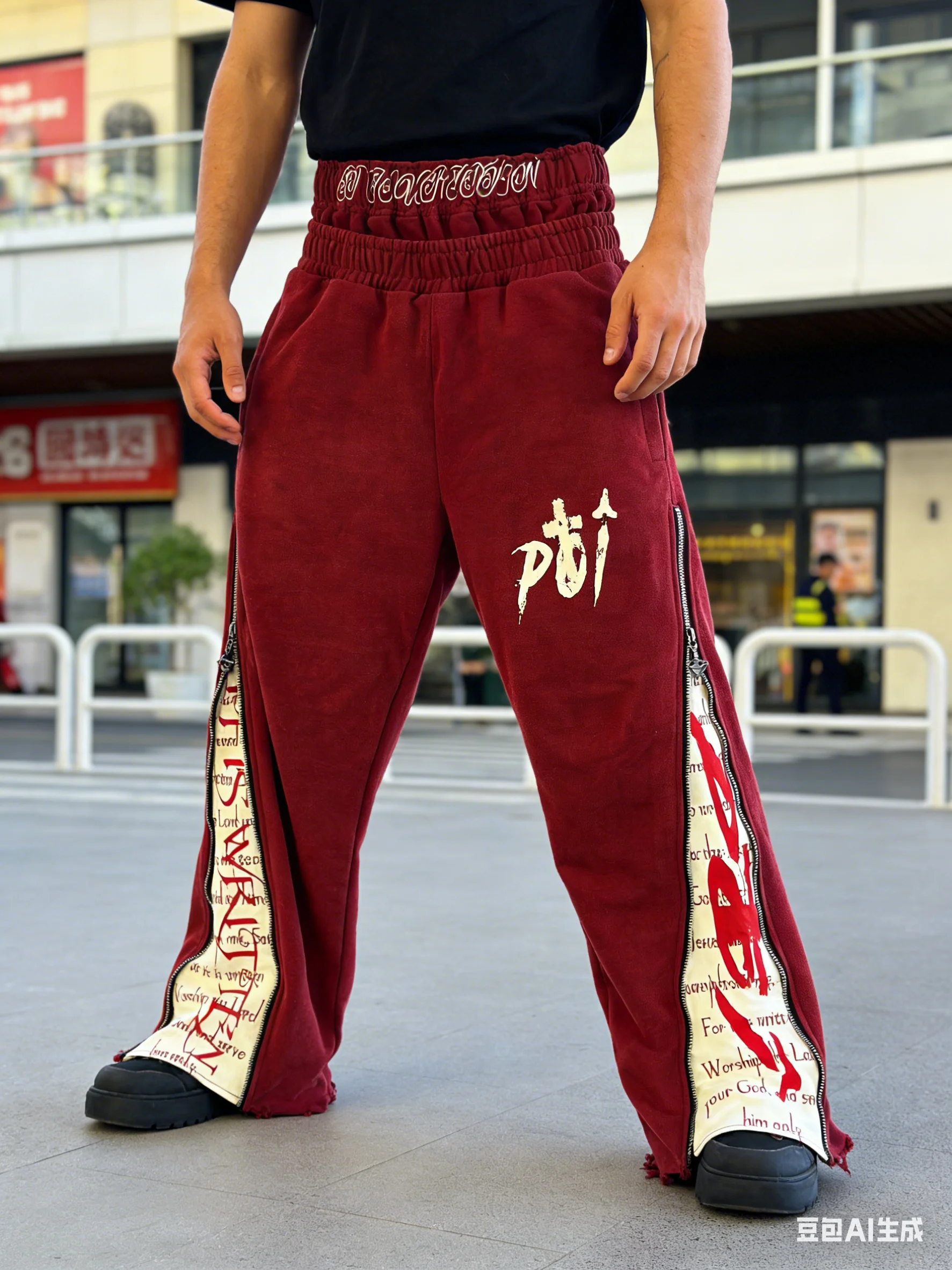 In 2026, loose print, hip-hop style, retro deep red casual pants, unisex pants, double waist design, multiple zipper elements