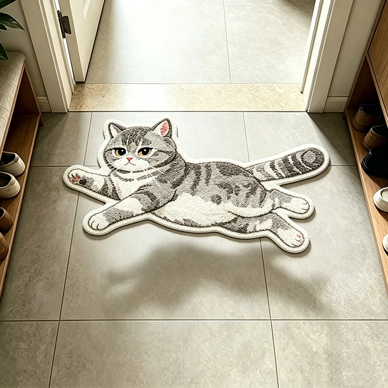 VIKAMA Cat Shaped Bathroom Mat Non Slip Absorbent Grey Cat Rug for Shower Room Toilet Entryway