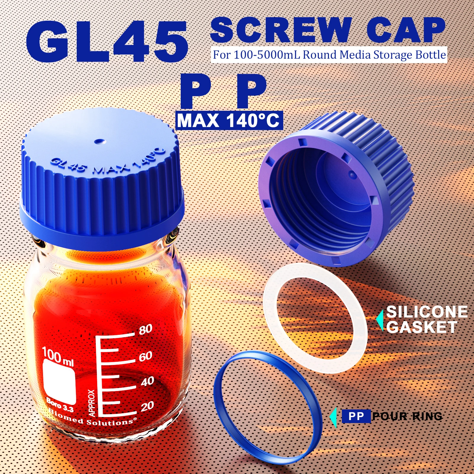 Ks-Tek GL45 PBT/PP Screw Cap,with Pour Ring,PTFE Silecone Gasket,Silecone Gasket,PBT Pour Ring