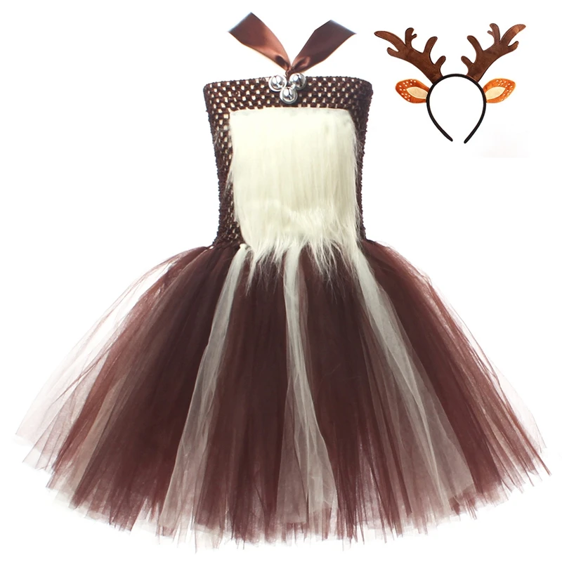 Girls Reindeer Costume Deluxe Sleeveless Bell Front Tulle Dress Antlers Headband Set Christmas Outfits for Kids