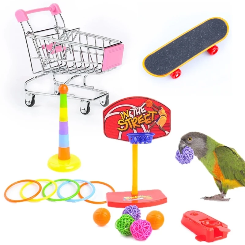 Bird Toys 4 Types Parrot Toy Set Include Basketball Toy Skateboard Stacking Toy Metal Trolley Toys Ball Bouncer Toys Parrot Cage