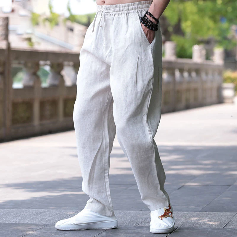 

2024 Fashion Tie-up Elastic Waist Baggy Pants Men's Casual Solid Pocket Style Sweatpants Breathable Male Cotton Linen Trouser