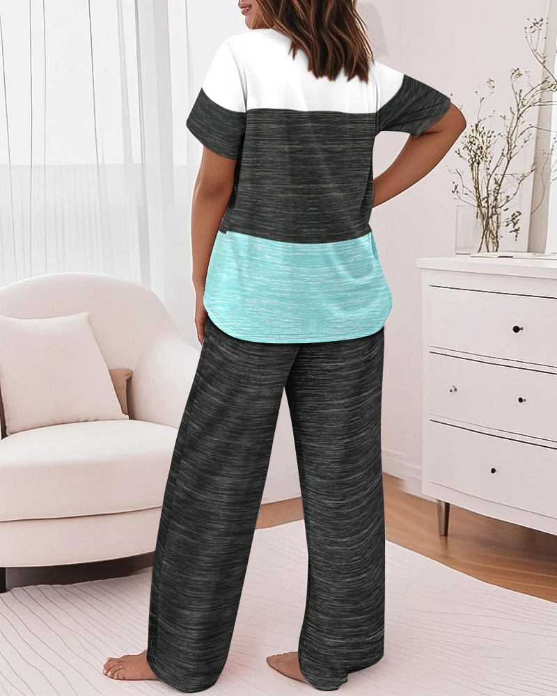 Conjunto informal de 2 piezas con estampado de letras de palma en forma de corazón, Top de manga corta, pantalones de pierna recta informales, conjunto de ropa de mujer, conjunto de pijamas