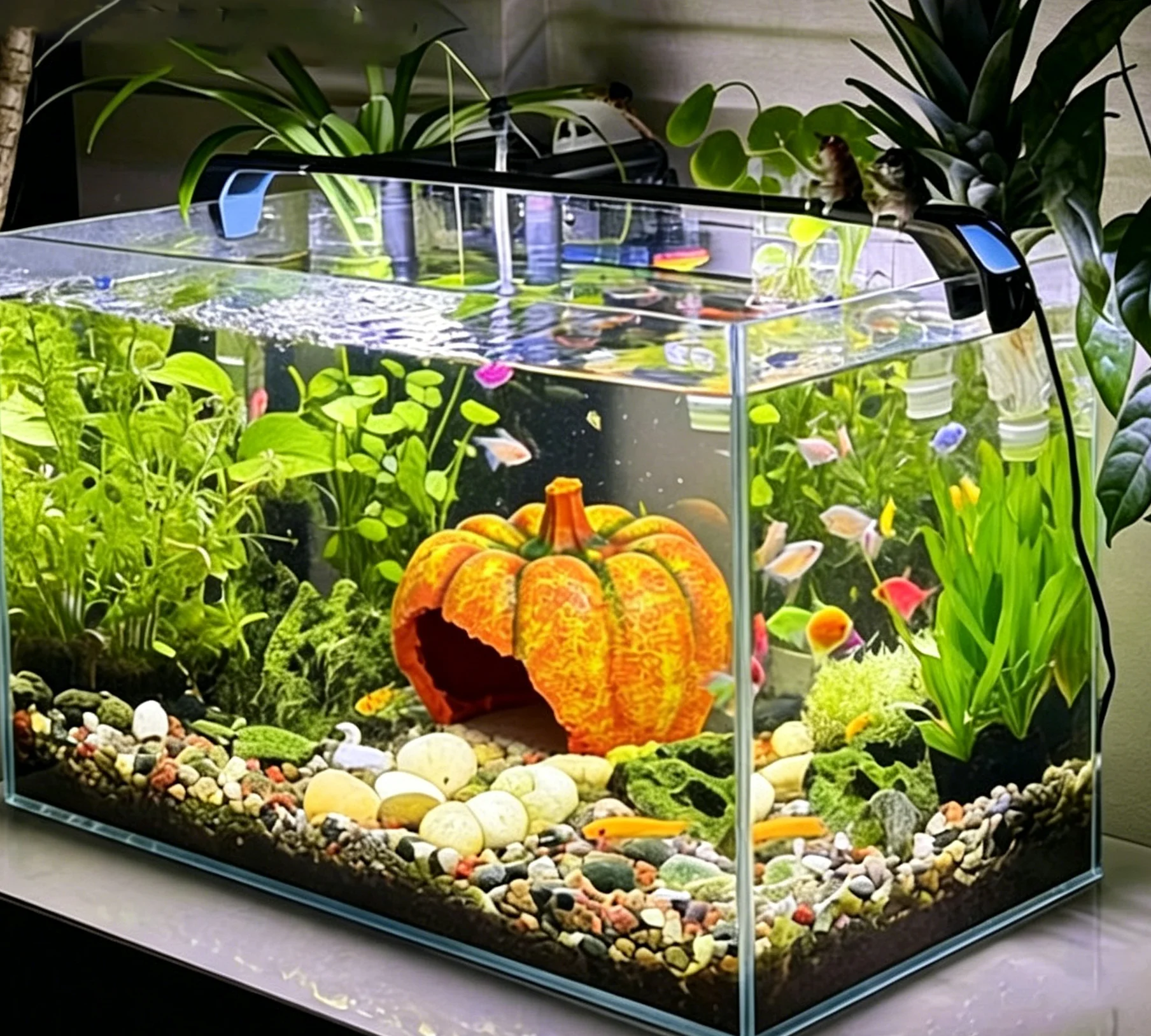 Plexiglas, squash-shaped rectangular aquariums, glass containers, ornaments, reptile hideouts, caves, realistic carvings