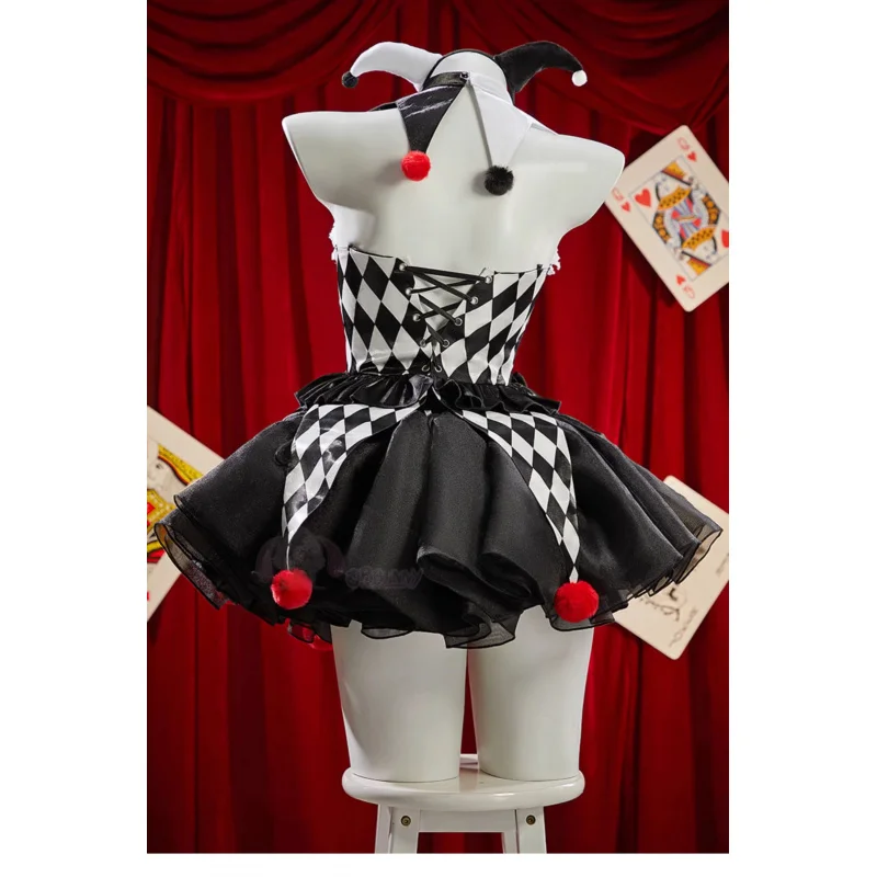 Sommer Anime Cosplay Rock Joker Outfit Joker Zirkus Farbblock Cosplay Kostüm Damen Halloween Gothic Clown Rock Hut Maske Weiblich