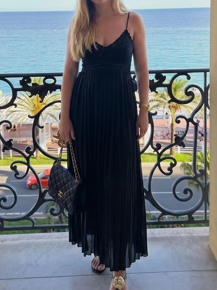 HH Women Summer French Casual Black Crochet Lace Flowy Maxi Dress Spaghetti Strap V Neck Tie Back For Daily Street Outing Wear