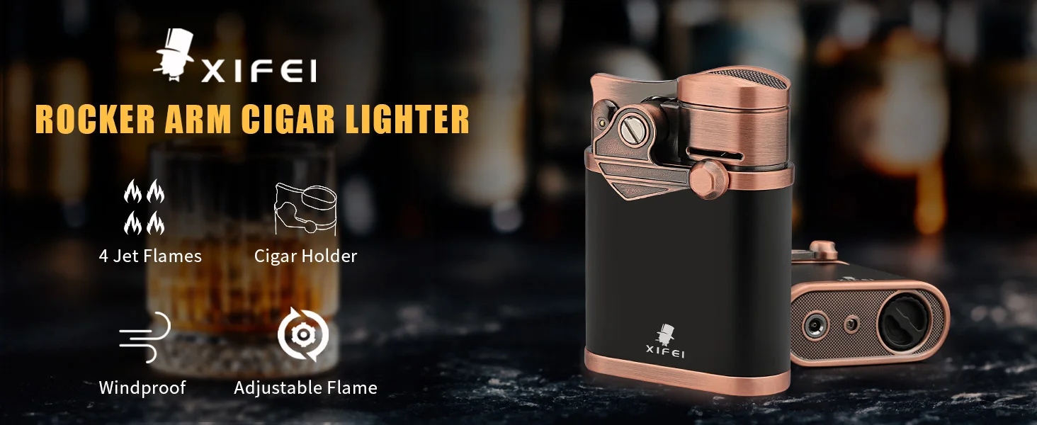XIFEI Cigar Lighter 4 Jet Flame Torch Lighter with Cigar Holder, Windproof Rocker Arm Butane Lighter Adjustable Flame