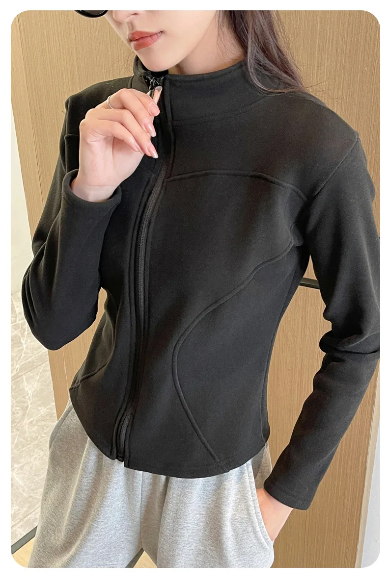Women's Slim Fit Fleece Lined Short Sweatshirt Jacket Autumn Winter Thick Warm Zipper Jackets Woman Solid Stand Collar Yoga Wear